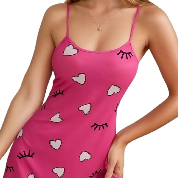 Heart Eyelashes Lingerie Slip Nightdress PJ Loungewear Lettuce Trim Sexy Pajamas - Picture 2 of 4